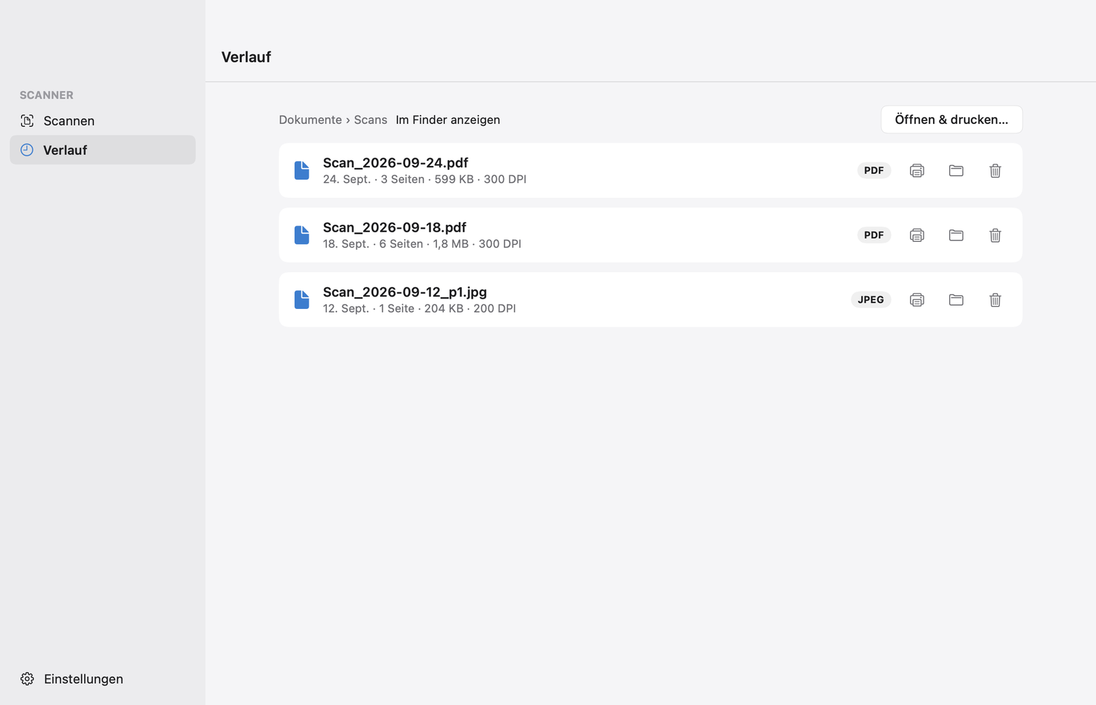 Verlauf auf dem Mac: drei gespeicherte Scans mit Datum, Seitenzahl, Größe und Auflösung sowie Schaltflächen zum Drucken, Anzeigen im Finder und Löschen