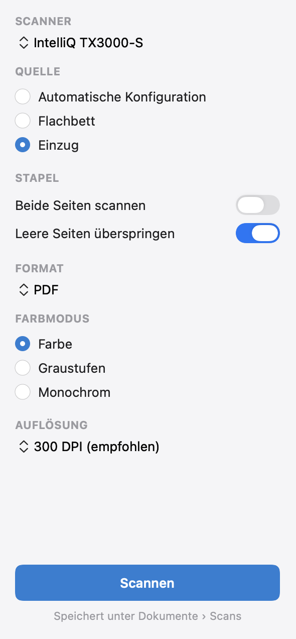 Scanoptionen auf dem Mac: Scanner, Quelle, „Beide Seiten scannen“, „Leere Seiten überspringen“, Format, Farbmodus und Auflösung