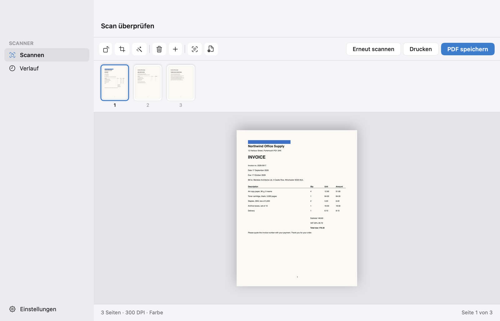 Scan & Print auf dem Mac: eine dreiseitige Rechnung, bereit zum Speichern, mit „Drehen“, „Zuschneiden“, „Verbessern“, „Seite hinzufügen“, „OCR“, „Drucken“ und „PDF speichern“