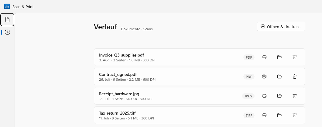 Verlauf unter Windows: vier gespeicherte Scans mit Datum, Seitenzahl, Größe und Auflösung sowie Schaltflächen zum Drucken, Öffnen des Ordners und Löschen