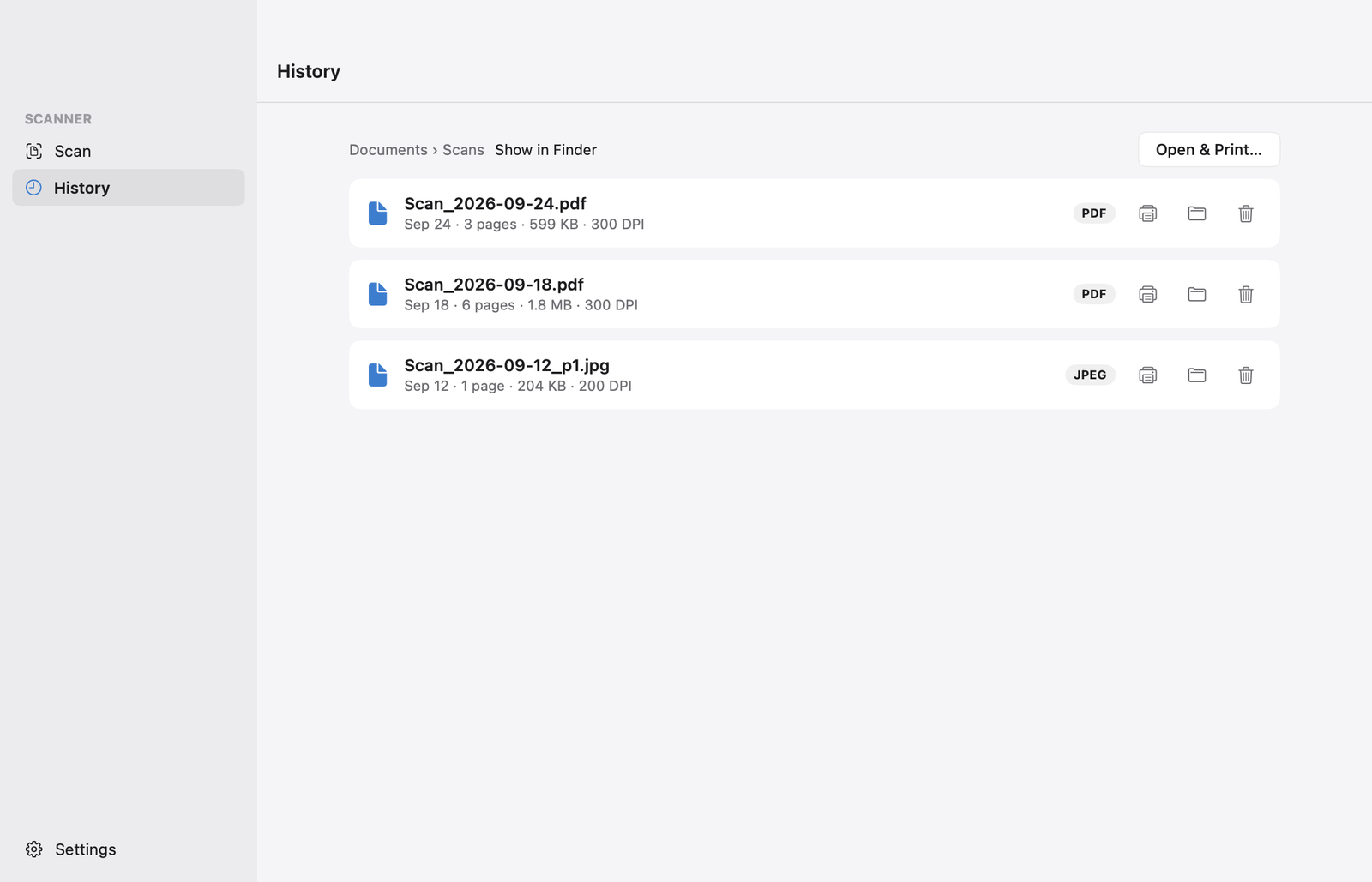 History on Mac: three saved scans with date, page count, size and resolution, and print, folder and delete buttons