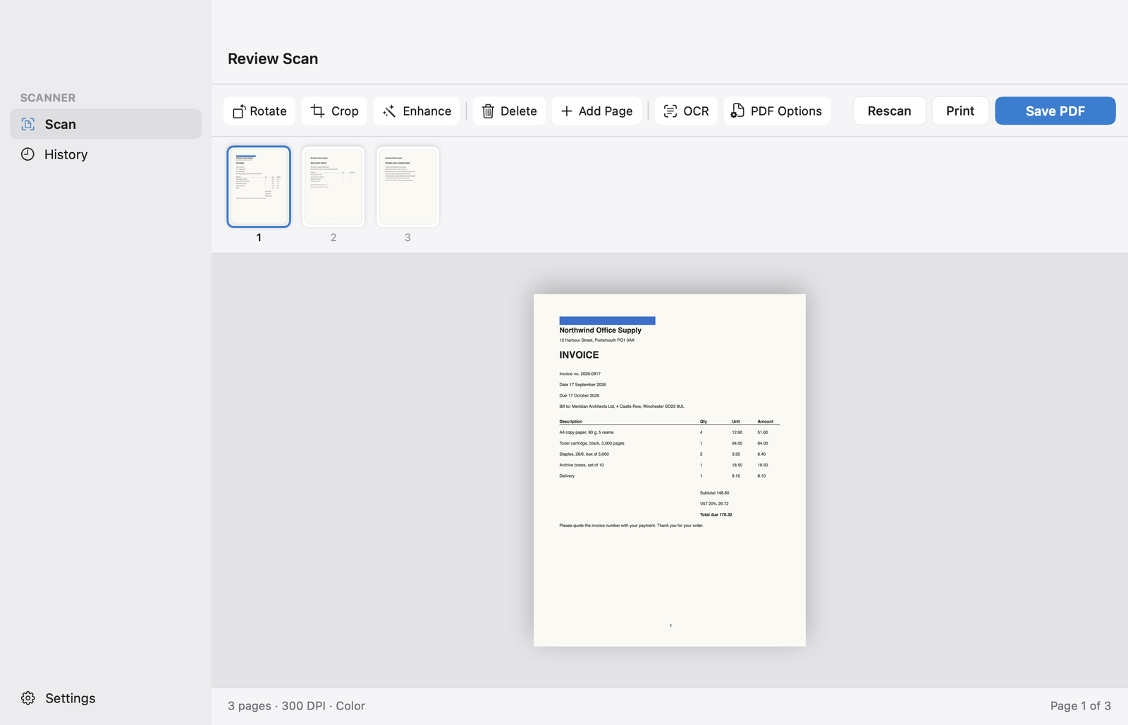 Scan & Print on Mac: a three-page invoice ready to save, with Rotate, Crop, Enhance, Add Page, OCR, Print and Save PDF