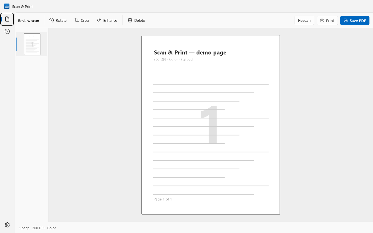 Scan & Print on Windows: reviewing a scanned page with Rotate, Crop, Enhance, Print and Save PDF