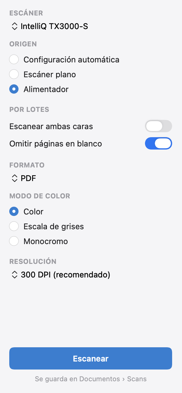 Opciones de escaneo en Mac: escáner, origen, escanear ambas caras, omitir páginas en blanco, formato, modo de color y resolución