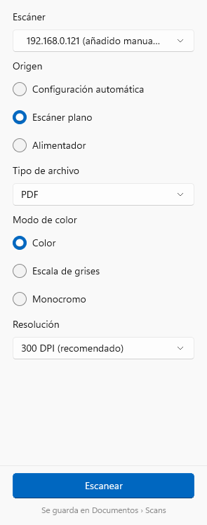 Opciones de escaneo en Windows: escáner, origen, tipo de archivo, modo de color y resolución