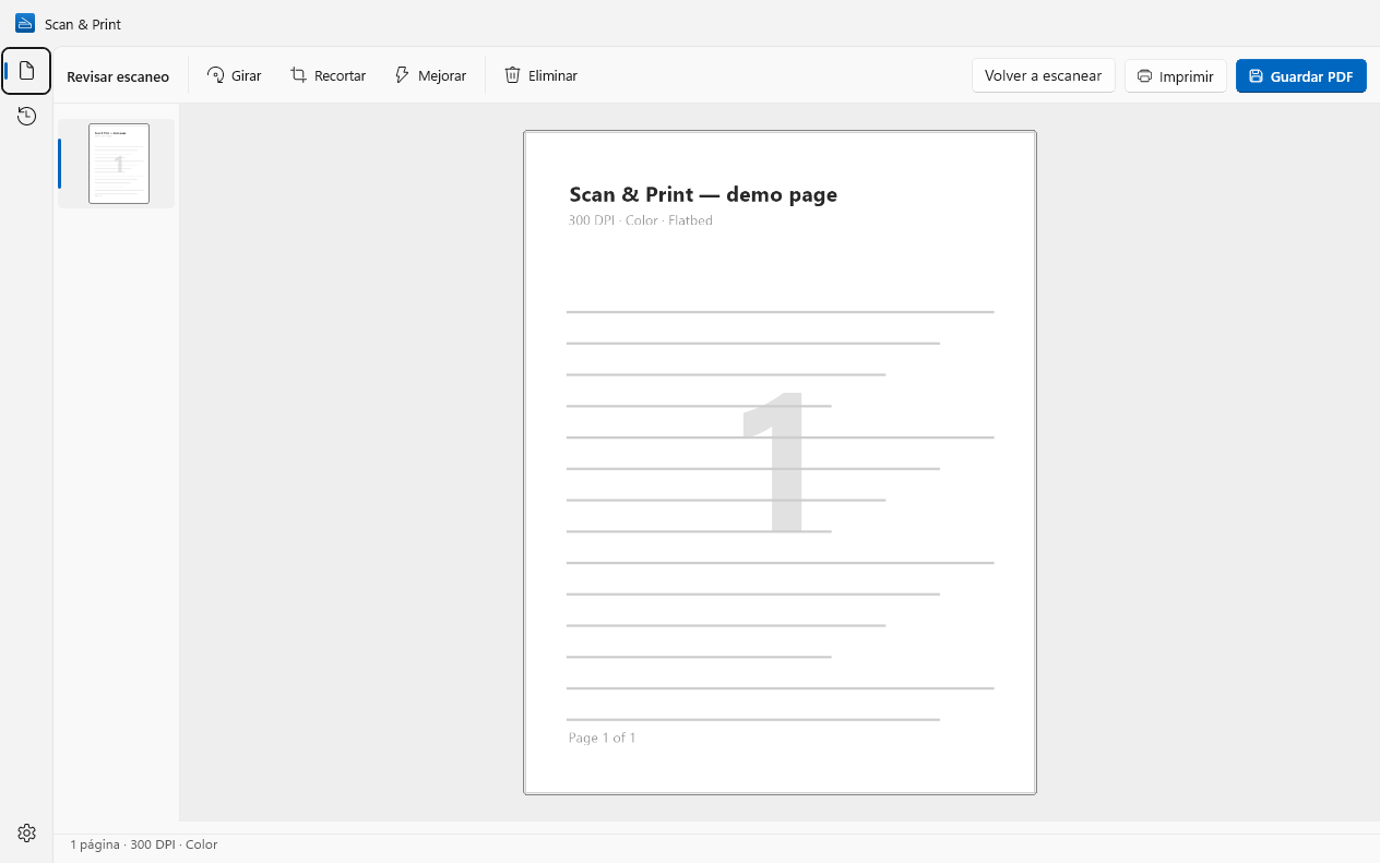 Scan & Print en Windows: revisión de una página escaneada con Girar, Recortar, Mejorar, Imprimir y Guardar PDF