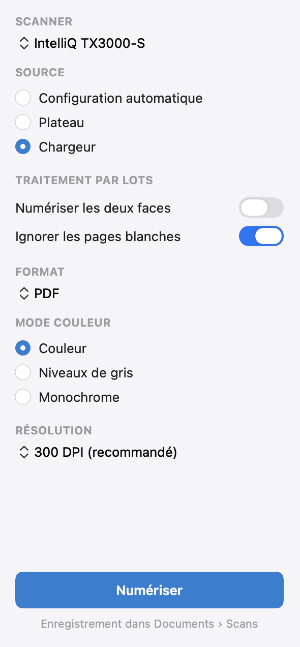 Options de numérisation sur Mac : scanner, source, Numériser les deux faces, Ignorer les pages blanches, format, mode couleur et résolution