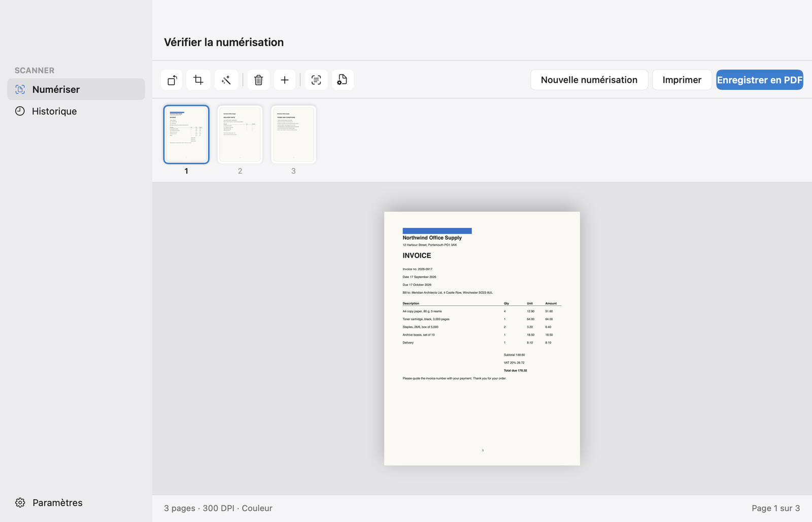 Scan & Print sur Mac : une facture de trois pages prête à être enregistrée, avec Pivoter, Recadrer, Améliorer, Ajouter une page, OCR, Imprimer et Enregistrer en PDF