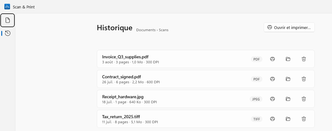 Historique sur Windows : quatre numérisations enregistrées avec leur date, leur nombre de pages, leur taille et leur résolution, et les boutons Imprimer, Ouvrir le dossier et Supprimer