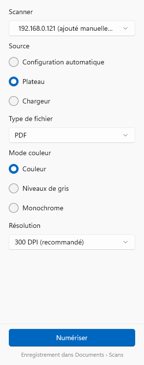 Options de numérisation sur Windows : scanner, source, type de fichier, mode couleur et résolution