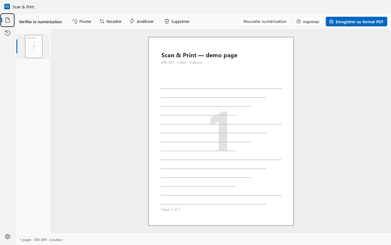 Scan & Print sur Windows : vérification d’une page numérisée, avec Pivoter, Recadrer, Améliorer, Imprimer et Enregistrer au format PDF