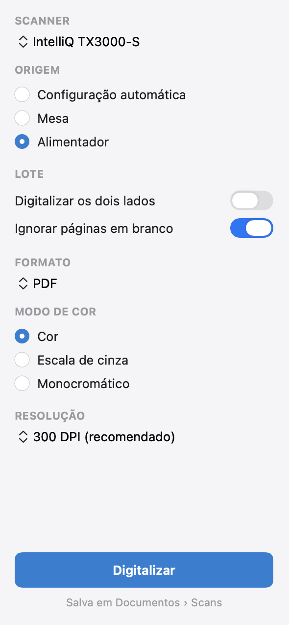Opções de digitalização no Mac: scanner, origem, Digitalizar os dois lados, Ignorar páginas em branco, formato, modo de cor e resolução