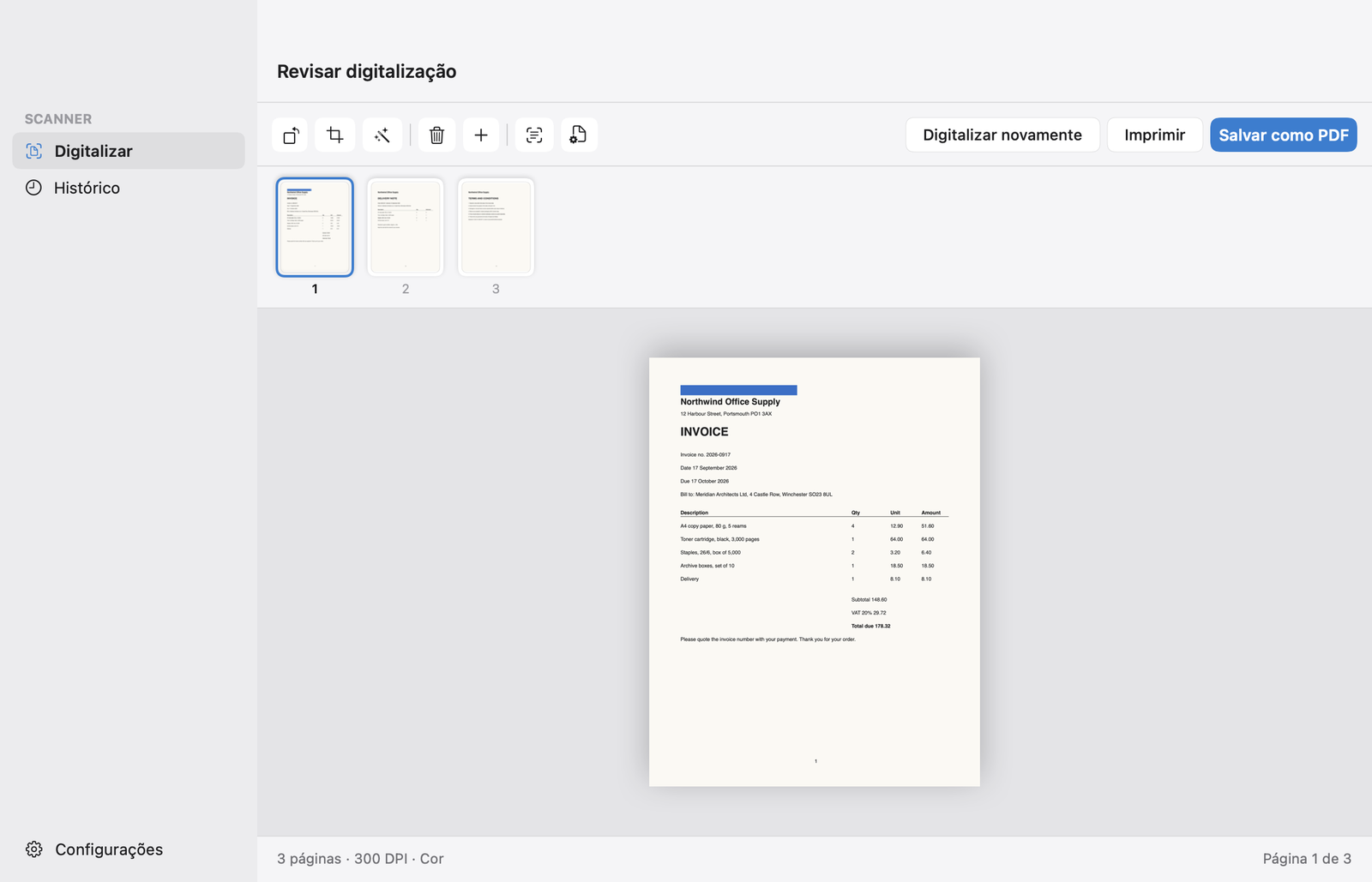 Scan & Print no Mac: uma fatura de três páginas pronta para salvar, com Girar, Recortar, Aprimorar, Adicionar página, OCR, Imprimir e Salvar como PDF