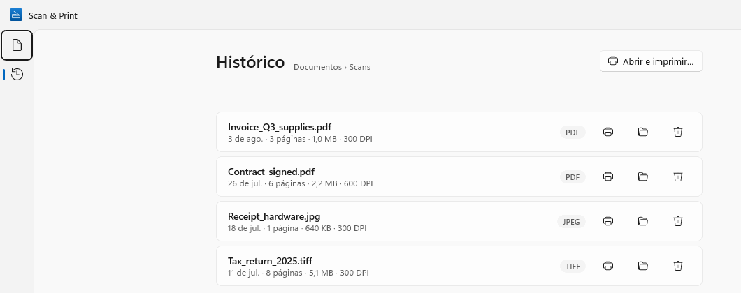 Histórico no Windows: quatro digitalizações salvas com data, número de páginas, tamanho e resolução, e os botões Imprimir, Abrir pasta e Excluir