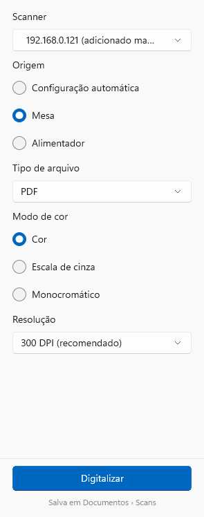 Opções de digitalização no Windows: scanner, origem, tipo de arquivo, modo de cor e resolução